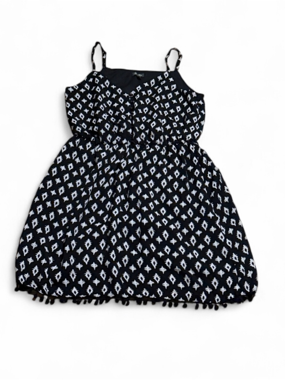 Lily Rose Black & White Diamond-Print Spaghetti Strap Mini Dress with Pom Hem